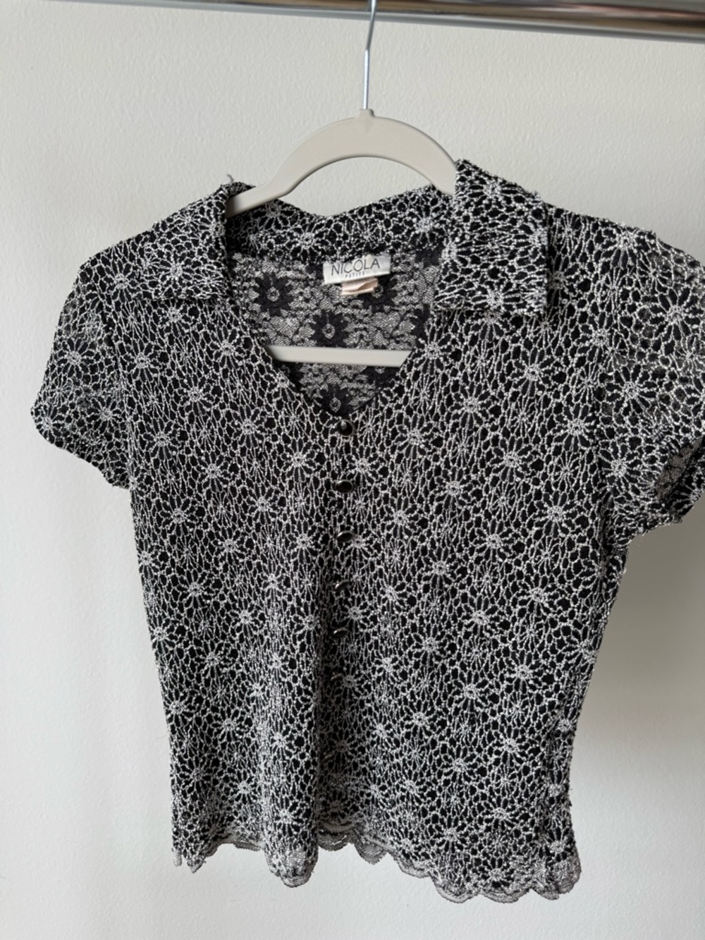 NICOLA Black & White Crochet Lace Button-Front Short Sleeve Top